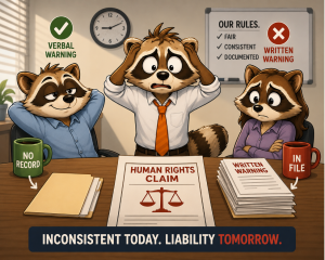 A frazzled raccoon manager sits between two employees: one with a verbal warning and an empty file, the other with a documented written warning, above a human rights claim.
