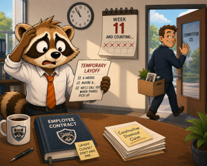 A stressed raccoon manager holds a temporary layoff notice under a calendar reading "Week 11 and counting" as an employee walks out with a box toward a competitor's door.