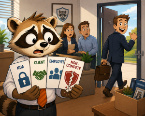 A worried raccoon manager holds cards labelled NDA, Client, Employee and a cracked Non-Compete as a smiling former employee walks out the door with a briefcase.