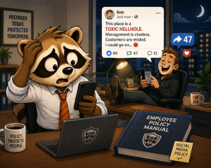 A panicked raccoon manager reads an employee's post calling the company a "toxic hellhole" while the employee laughs at his phone in the background.