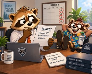 A worried raccoon manager holds a request for Fridays off for religious reasons while a relaxed raccoon in a Hawaiian shirt and "Weekend Warrior" cap lounges nearby.