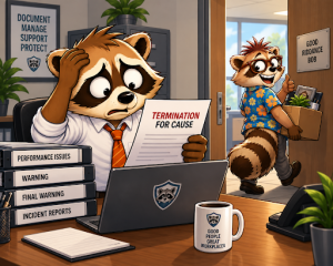 A stressed raccoon manager reads a "Termination for Cause" letter while another raccoon cheerfully carries a box of belongings out the door.
